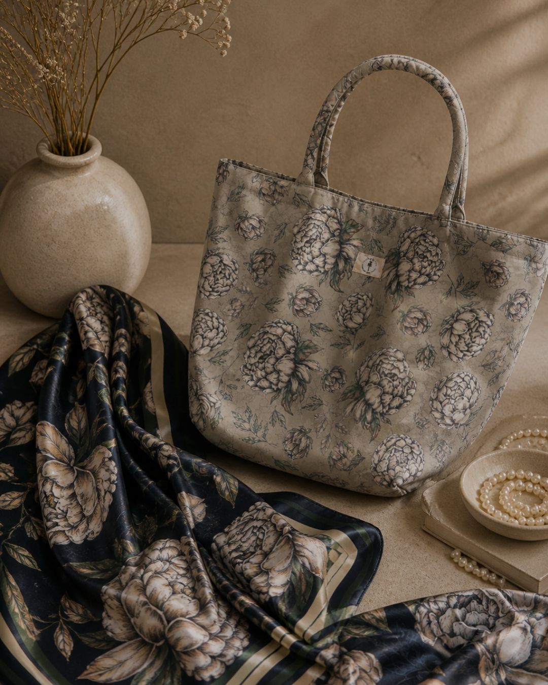 Bolso Sand Beige y pañuelo peonies