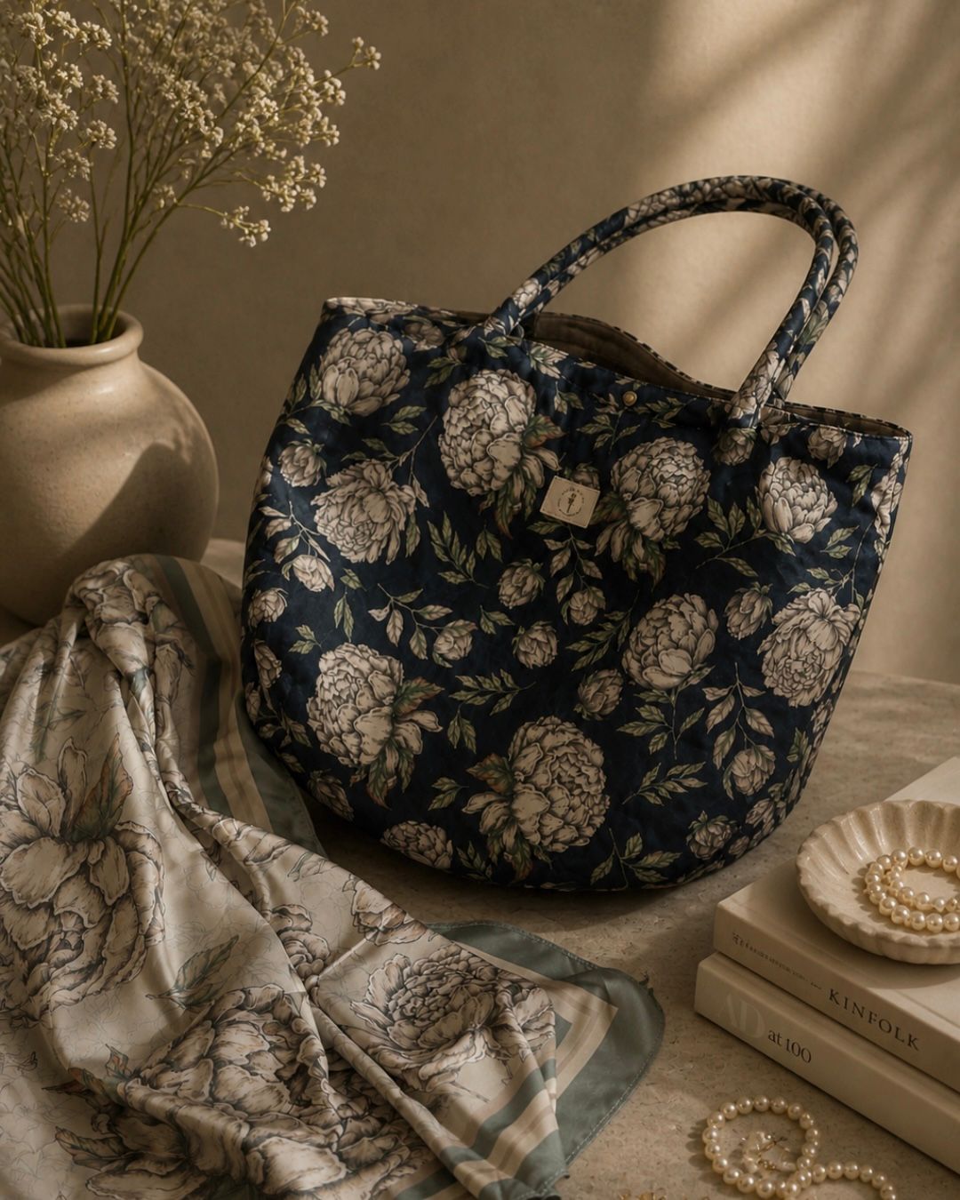 Bolso blue y pañuelo peonies
